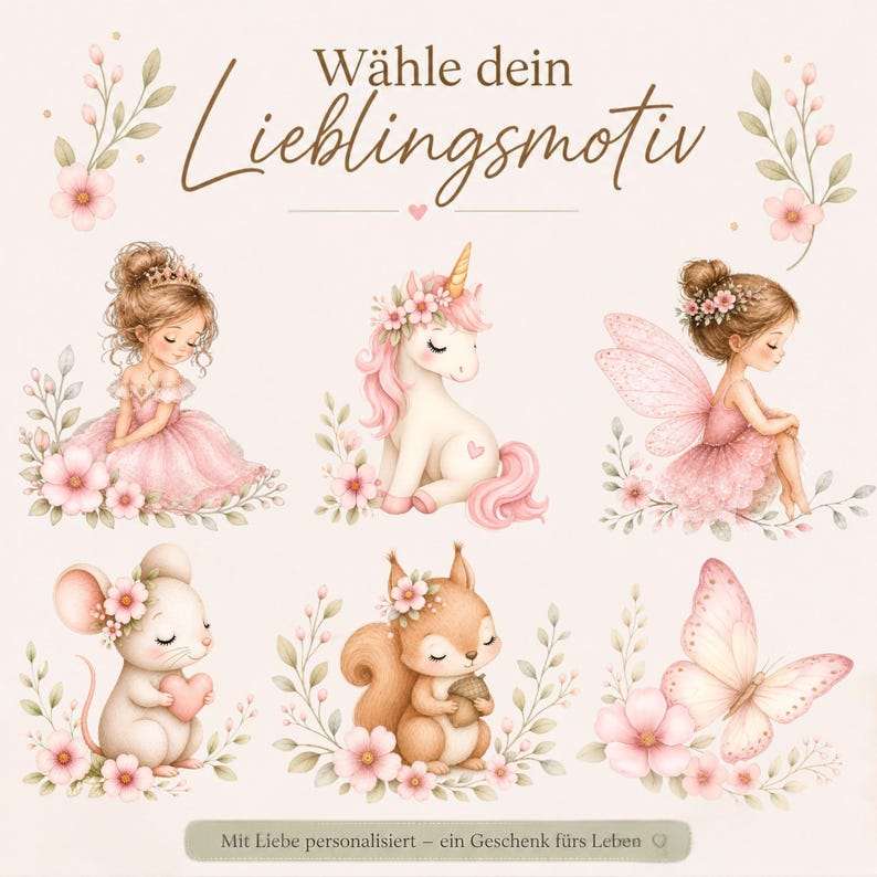 May include: A collection of six watercolor-style illustrations featuring a girl in a pink dress, a unicorn, a fairy, a mouse holding a heart, a squirrel with an acorn, and a butterfly, all surrounded by pink flowers and the text "W&auml;hle dein Lieblingsmotiv".