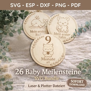 Può includere: Dischi di legno per le tappe del bambino con illustrazioni incise di una balena, un topo e un gufo. I dischi hanno testo in tedesco, tra cui "Mein erstes Bad", "Mein erster Zahn" e "9 Monate alt". L'immagine include anche il testo "26 Baby Meilensteine SVG Bundle."