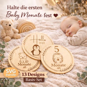 Puede incluir: Discos de madera para hitos de bebé con ilustraciones grabadas de un oso, un pingüino y un erizo, junto con el número 5 y texto. Los discos están rodeados por un diseño floral. La imagen también incluye un osito de peluche y el texto "Baby Monate fest".