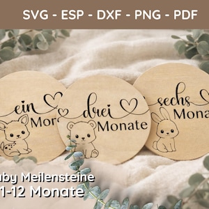 May include: Three wooden baby milestone discs with cute animal illustrations and the words "ein Monat", "drei Monate", and "sechs Monate" in black script. The discs are light brown with a heart design. The text "Baby Meilensteine 1-12 Monate" is at the bottom.
