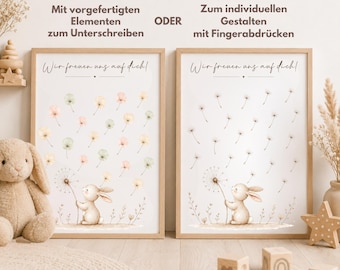 May include: Two framed posters featuring a rabbit holding a dandelion with the text "Wir freuen uns auf dich!". The left poster shows pastel-colored dandelion seeds, while the right poster shows blank spaces for fingerprints to be added as seeds.