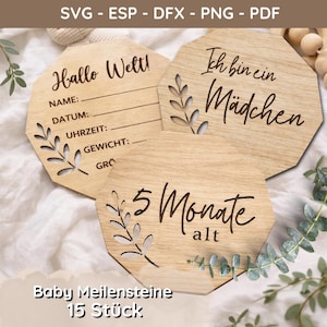 May include: Wooden baby milestone cards with engraved text and leaf cutouts. One card reads "Hallo Welt!" with spaces for name, date, time, and weight. Other cards say "Ich bin ein Mädchen" and "5 Monate alt". The text "Baby Meilensteine 15 Stück" is also visible.