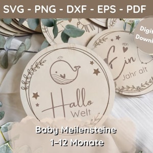 Paquete SVG de hitos del bebé de 1 a 12 meses + Hola mundo – Archivo láser de madera – Tarjetas de hitos en alemán – Archivo para plotter Cricut Silhouette
