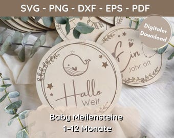 Baby Milestones SVG Bundle 1-12 Months + Hello World – Laser File Wood – Milestone Cards German – Plotter File Cricut Silhouette