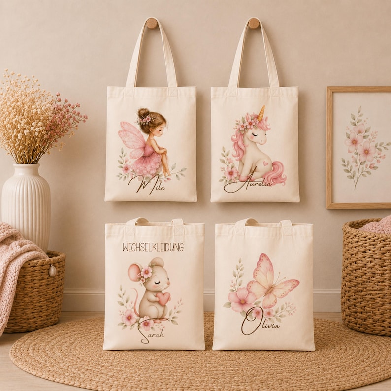 May include: Four off-white canvas tote bags featuring illustrations of a fairy, a unicorn, a mouse holding a heart, and a butterfly. The bags include the printed names Mila, Aurelia, Sarah, and Olivia, and the text WECHSELKLEIDUNG on one bag.