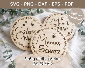 Baby Milestones SVG Bundle 36 Designs German – Complete Set 1st Year – Laser File Wood, Plotter File Cricut Silhouette Gifts for Birth