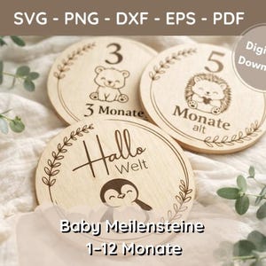Baby Meilensteine SVG Bundle 1–12 Monate Deutsch – Digitale Laserdatei Holz Meilensteinkarten Plotter Datei Cricut Silhouette, Monatskarten