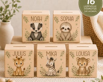 Personalisierte Spardose mit Namen, Kinder Spardose, Geschenk zur Geburt Taufe Baby, Sparschwein Kinderzimmer Holz, Holzspardose Tiermotive