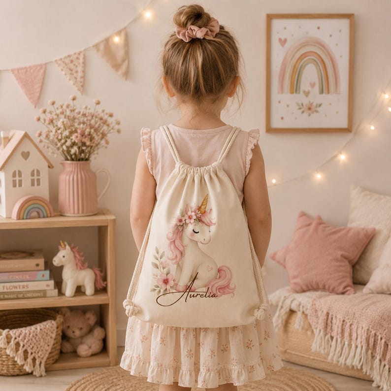 May include: A cream-colored drawstring backpack featuring a printed illustration of a white unicorn with a pink mane, floral accents, and the name Aurelia written in cursive script. The bag has matching cream-colored rope straps.