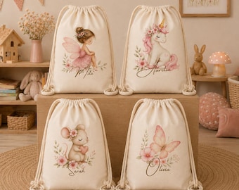 Personalisierter Turnbeutel Kinder mit Name, Geschenk für Mädchen, Kindergarten Tasche, Rucksack Wechselkleidung, Sport Beutel Wechselwäsche