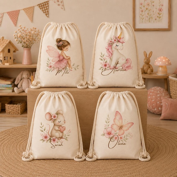 Personalisierter Turnbeutel Kinder mit Name, Geschenk für Mädchen, Kindergarten Tasche, Rucksack Wechselkleidung, Sport Beutel Wechselwäsche