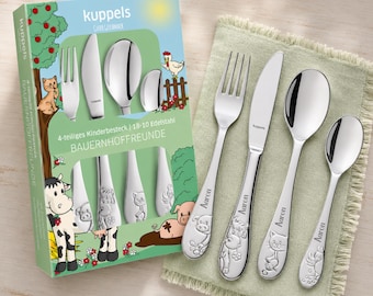 Personalisiertes Kinderbesteck mit Gravur aus Edelstahl, Bauernhoftiere Namensgravur, Geschenke für Jungen Mädchen, Geburtstag Taufe Geburt