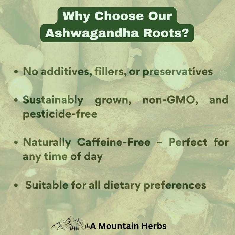 Dried Ashwagandha Roots (Withania somnifera), 100% pure and organic, with no additives, chemicals, or preservatives. Commonly used in ashwagandha tea for relaxation, adrenal support, and mood balance. Suitable for traditional herbal use, wellness drinks, and DIY tincture making.