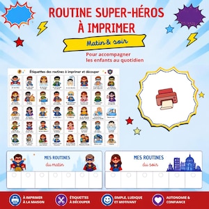 Puede incluir: Una tabla de rutinas de superhéroes imprimible con una cuadrícula de etiquetas ilustradas para niños. El diseño incluye secciones de mañana y tarde con casillas de verificación, estrellas coloridas y un icono de impresora en azul.