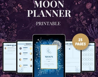 May include: A digital moon planner printable set featuring 25 pages. The display shows multiple tablet screens with light blue pages containing moon phase charts, card spreads, and calendars, all set against a dark purple floral background.
