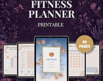 May include: A digital fitness planner printable set featuring five pages displayed against a dark purple floral background. The central page shows a blue watercolor design with orange tulips, butterflies, and the text Fitness Planner.