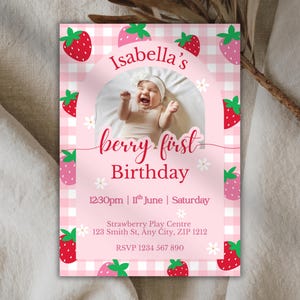 Berry First Birthday Invitation |  1st Strawberry Patch Invite | Editable Canva Template | Instant Download