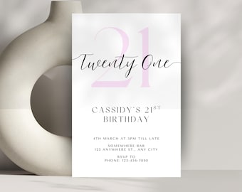 21st Birthday Invitation Canva Template | Editable Pink Twenty One Invite | 5x7" & Digital
