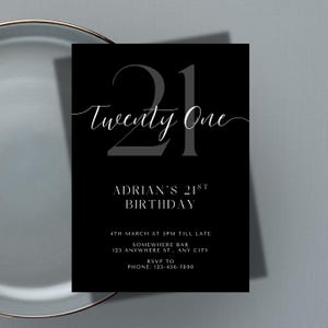 Puede incluir: Invitación de cumpleaños negra con el número "21" y las palabras "Twenty One" en escritura elegante. La invitación incluye el nombre "Adrian", la fecha, la hora, el lugar y un número de teléfono para RSVP.