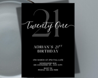 21st Birthday Invitation Template | Editable Black and White Invite | 5x7" & Mobile