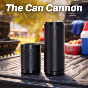 May include: Two black insulated can coolers, one short and one tall, sit on a textured surface. The text "The Can Cannon" is displayed in white at the top. The background is blurred, suggesting an outdoor setting.
