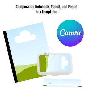 Composition book, pencil, and pencil box template, drag n drop canva frame, back to school template, printable, personalized school supplies