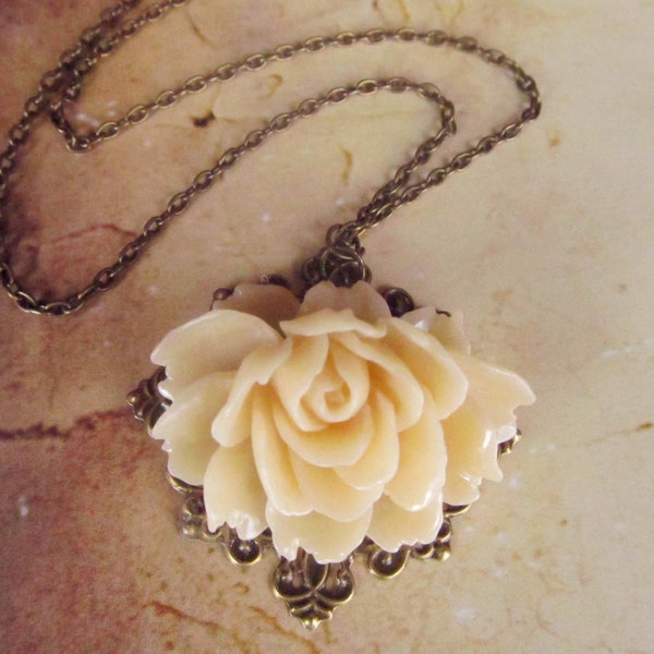 Mother's Gift -Last one - Lovely Romantic  Flower Necklace, antique bronze frame setting