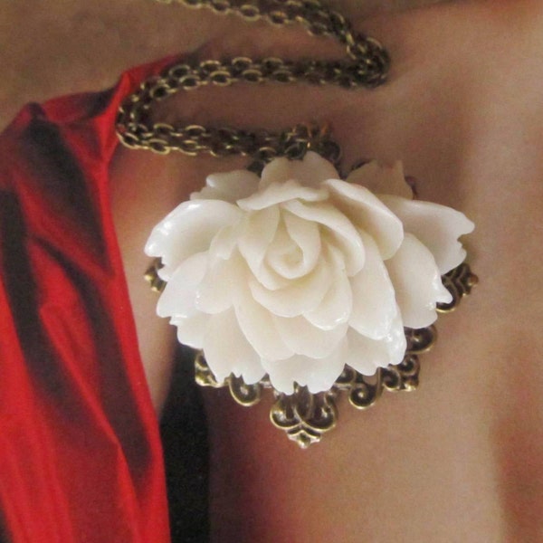 Off White Resin Flower Necklace,  Feminine Pretty, antique brass setting, Great Gift