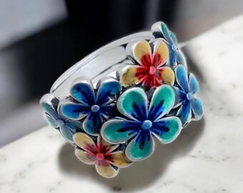 Chinese Cloisonne Blossom Flower Ring for Women, Handmade Floral Statement Ring