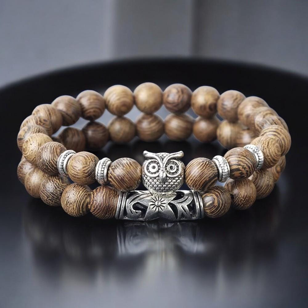 Couples Owl Bracelet Set &bull; Natural Stone Beaded Distance Jewelry