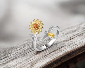 Sunflower Ring Sterling Silver - Rotating Fidget Ring,Gift for Her