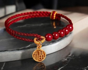 Pulseira da Sorte com Nó Fu Vermelho – Pingente em Corda Trançada à Mão com Estilo Cinábrio, Pulseira Trançada Artesanal com Símbolo Chinês para Mulheres