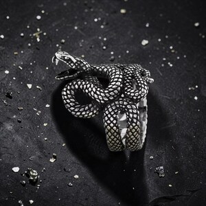 Puede incluir: Un anillo plateado con forma de serpiente enroscada con la boca abierta y dientes visibles. El cuerpo de la serpiente está detallado con patrones de escamas. El anillo se encuentra sobre un fondo oscuro y texturizado.