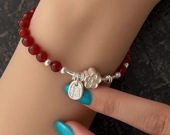 Red Agate Bracelet - Sterling Silver Flower Pendant, Lucky Bead Jewelry Gift