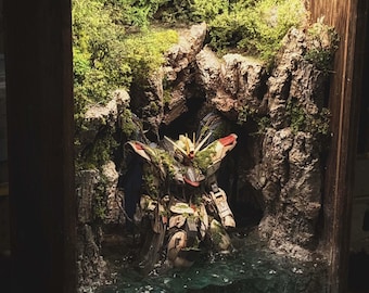 Strike Freedom Battle-Damaged Gun.dam Diorama – MG Display Scene| Handcrafted Mecha Statue in Wood Box