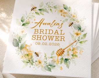 Personalized Honey Bee Bridal Shower Napkins, Bee and Honey Floral Cocktail Napkins, Custom Bride Name Garden Party Decor