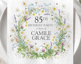 Personalized 85th Birthday Cocktail Napkins, Custom Floral Birthday Party Napkins, Elegant Wildflower Paper Party Decor