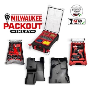 Könnte beinhalten: Ein Milwaukee Packout Einlagesystem bestehend aus schwarzen Kunststoff-Organizern mit maßgefertigten Fächern für Werkzeuge und Kleinteile. Das Set enthält Koffer mit roten Einsätzen, Elektrowerkzeugen und Steckschlüsseln sowie leere Einsätze.