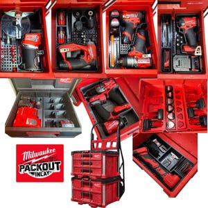 Puede incluir: Una colección de cajas de herramientas y organizadores rojos Milwaukee Packout, que muestran varias herramientas eléctricas y accesorios. La imagen incluye múltiples estuches abiertos con compartimentos organizados, taladros, destornilladores y baterías. También es visible el logotipo de Milwaukee Packout Inlay.