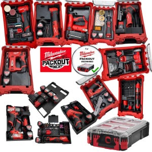 Könnte beinhalten: Eine Sammlung roter und schwarzer Milwaukee Packout Werkzeugkoffer und -einsätze, die verschiedene Elektrowerkzeuge und Zubehörteile zeigen. Das Bild umfasst Bohrmaschinen, Sägen und andere Geräte, die alle ordentlich in den Koffern angeordnet sind. Das Milwaukee-Logo ist deutlich sichtbar.