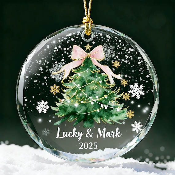 Personalized Couple Christmas Ornament,Watercolor Tree Glass Ornament,Custom Couple Names & Year ,Coastal Ornament Gift