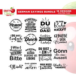 May include: A digital bundle of 16 black graphic designs featuring German phrases such as Ein schöner Moment, Du schaffst das, and Geniebe den Moment. The collection includes various typography styles, stars, and heart icons on a white background.