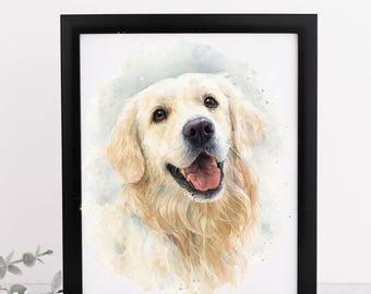 Może przedstawiać: Akwarelowy portret psa rasy Golden Retriever w czarnej ramie. Pies ma jasną, złotą sierść i radosny wyraz twarzy. Tło przedstawia miękkie, akwarelowe pociągnięcia w odcieniach niebieskiego i szarego.