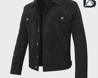 Men’s Suede Leather Trucker Jacket | Classic Black Motorcycle Bomber