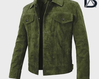 Men’s Suede Leather Trucker Jacket | Classic Green Motorcycle Bomber