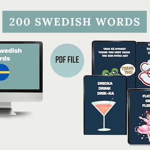 May include: A collection of digital flashcards and a computer monitor displaying "200 Swedish words" with the Swedish flag. The flashcards feature Swedish words with English translations and illustrations. The image also includes the text "PDF FILE" and "A1".