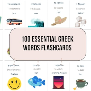 Puede incluir: Tarjetas didácticas con 100 palabras griegas esenciales. Cada tarjeta muestra una palabra griega, su traducción al inglés y una ilustración. Los temas incluyen mapa, autobús, mar, sombrero, azúcar y familia. Ideal para aprender.