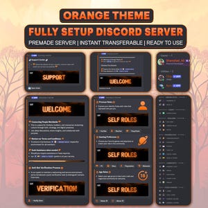 May include: A digital display showcasing an orange-themed Discord server setup. The layout includes multiple interface panels with text headers like Support, Welcome, Self Roles, and Verification, featuring dark backgrounds with orange accents.