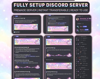May include: A digital Discord server template featuring a unicorn theme with pastel pink, blue, and yellow gradients. The interface displays various channel headers like Welcome, Support, and Self Roles, decorated with unicorn and moon graphics.