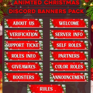 May include: A festive graphic for Discord featuring a red and white Christmas theme. The design includes banners with text such as "About Us," "Welcome," and "Giveaways." Decorative elements include snowflakes and Christmas tree branches.